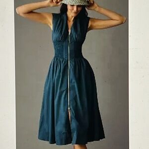 NWT Anthropologie - The Tommie Cap-Sleeve Smocked Front-Zip Shirt Dress by Maeve